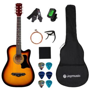 joymusic 38 inch sunburst beginner acoustic guitar kit,bundle with a strap with picks holder,digital tuner, set strings, capo,cleaning cloth,6 picks,gig bag.(jg-38c,3ts)