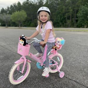 JOYSTAR 14 Inch Kids Bike Little Daisy Girls Bike with Training Wheels Doll Bike Seat Basket & Streamers Princess Kids Bicycle for Girls Toddler Bike 3-5 Years Pink