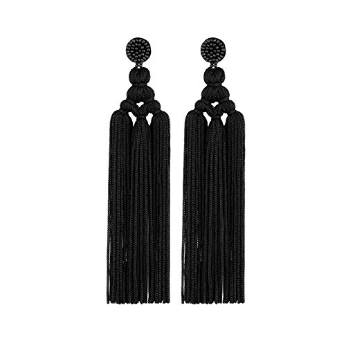 Bohemian Layered Handwoven Long Fringe Tassel Dangle Earrings for Women Boho Colorful Tiered Thread Beads Big Large Statement Drop Earrings Ethnic Holiday Jewelry-B black