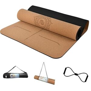 nunet cork yoga mat 6mm (1/4 inch) thick extra wide 72'' x 26'' nonslip, lightweight tpe foam with alignment lines, great for hot yoga, pilates, gym and exercise, black carrying strap included (black)