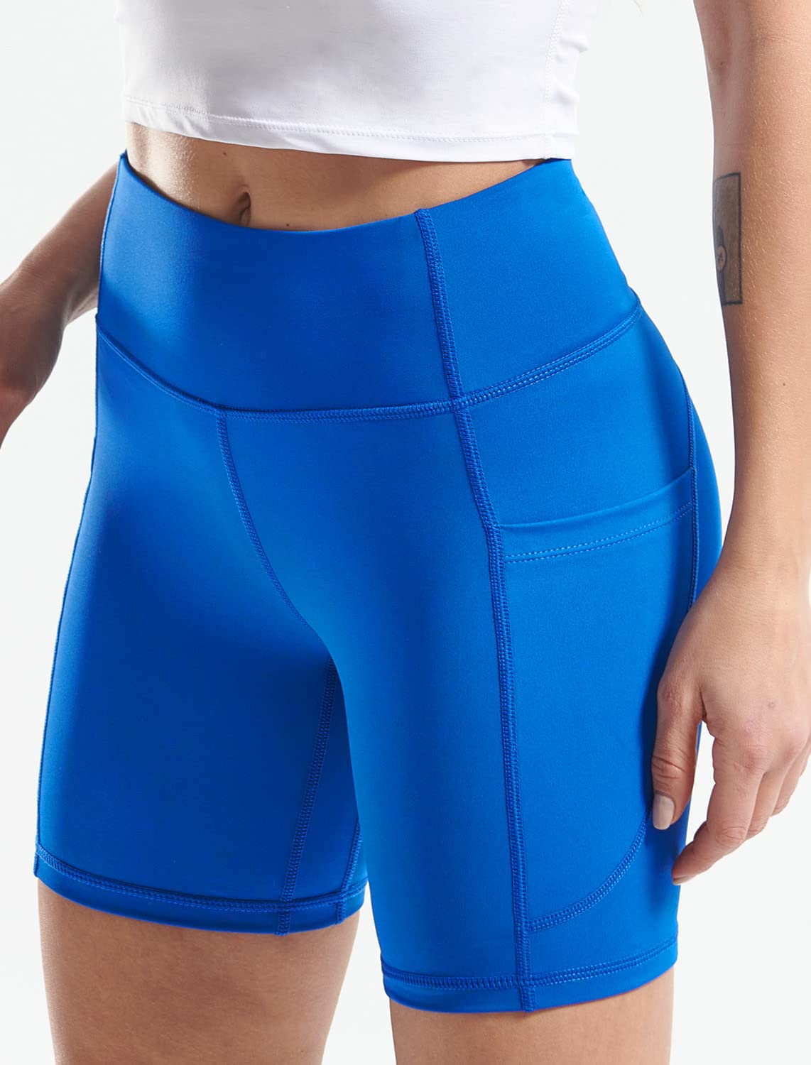 CADMUS High Waist Yoga Shorts for Women Workout Running Shorts Naked Feeling Biker Shorts Tummy Control Deep Pockets, Blue, S