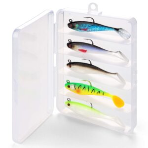 Soft Fishing Lures with Lead Head Hook, Slow Sinking,Jerking, Freshwater or Saltwater Swimmer for Bass Trout Pike Fishing kit with Tackle Boxes (5PCS)