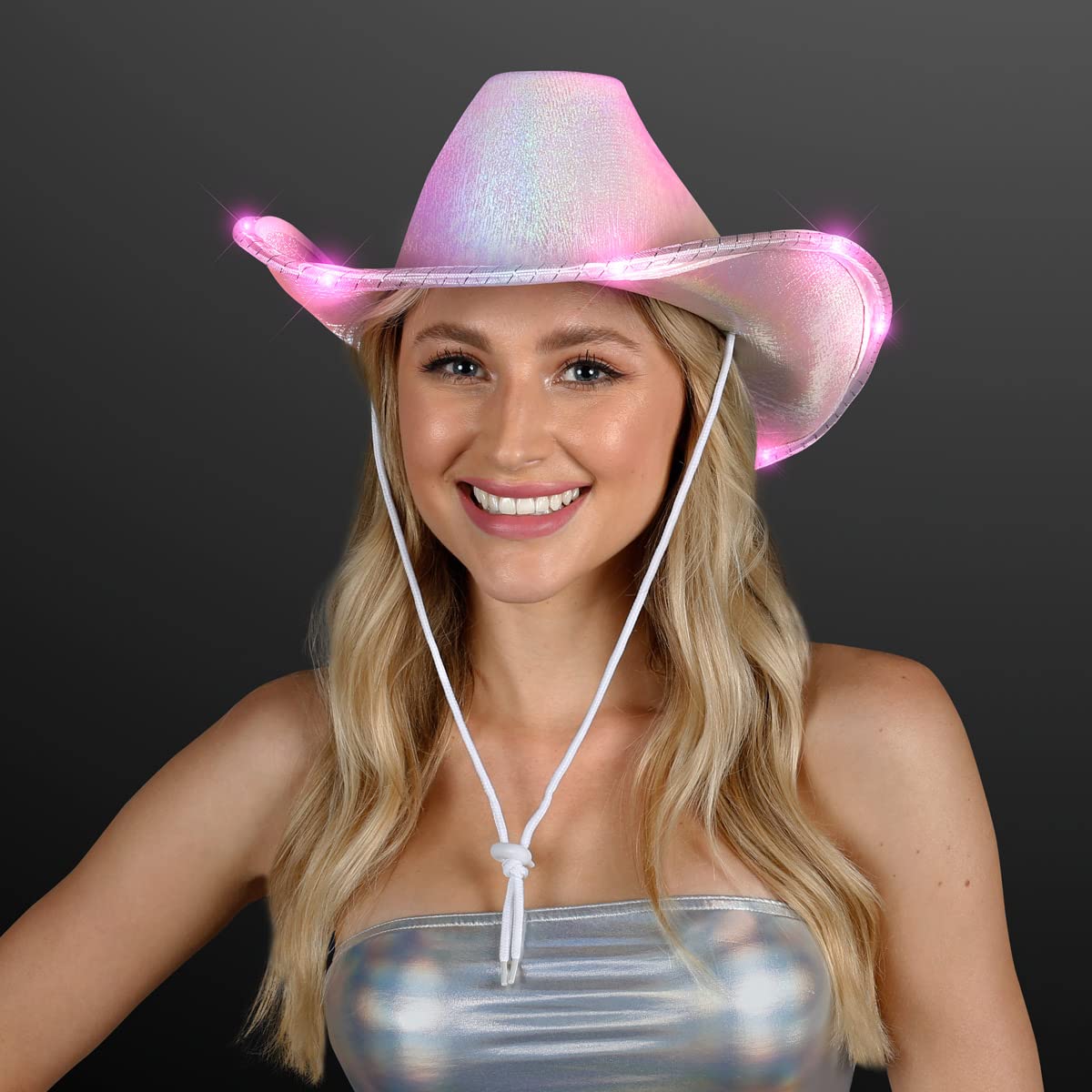 FlashingBlinkyLights Light Up Iridescent Pink Space Cowgirl Hat, Light Up Cowboy Hat with Pink LEDs