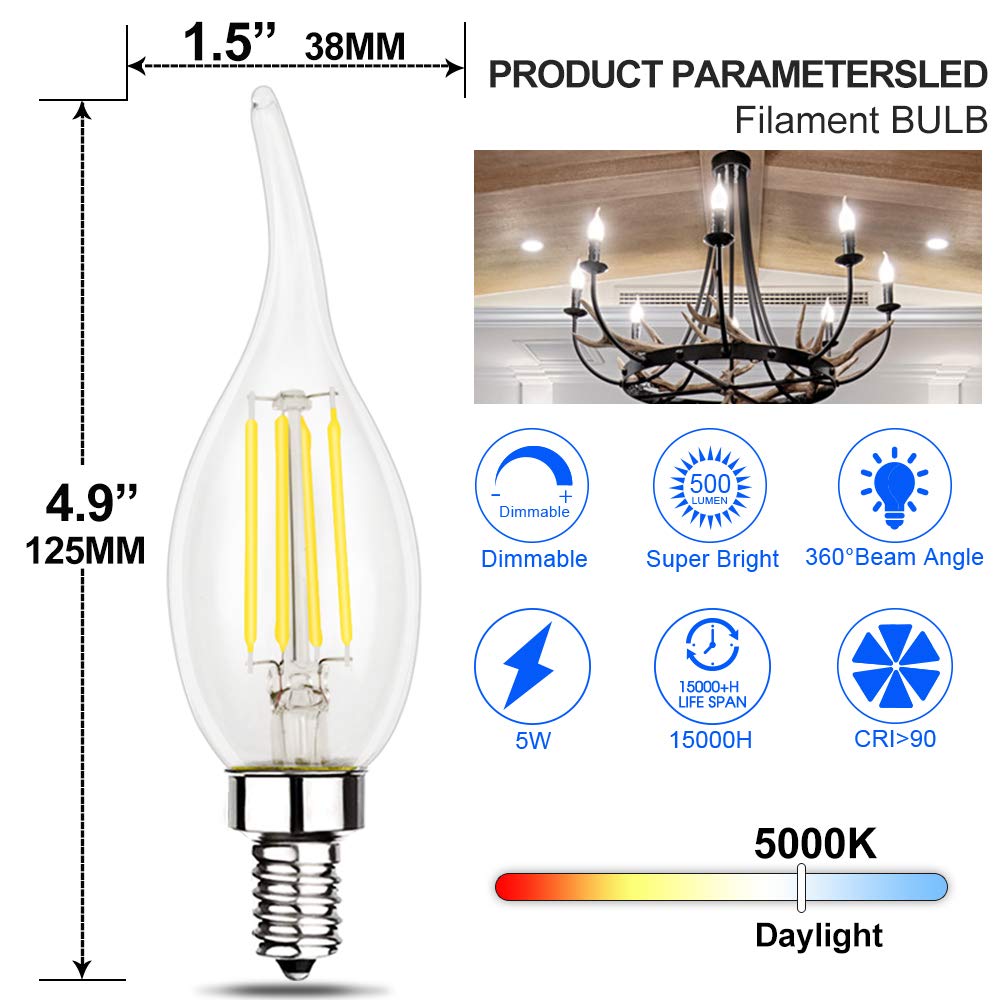 Energetic 12 Pack 60 Watt Dimmable LED Chandelier Light Bulb, 500lm, 5000K Daylight CA11 Filament LED Candle Light Bulb, E12 Base, CRI 90+, UL Listed