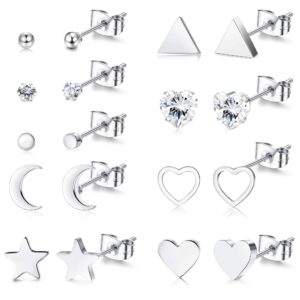 magitaco 9 pairs stud earrings surgical steel dainty small heart moon and star earrings minimalist geometric cz silver ball and triangle earrings sets for women men