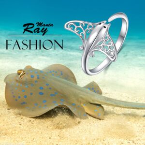 Ladytree S925 Sterling Silver Stingray Sea Animal Open Ring Manta Ray Tree of Life Adjustable Bypass Nature Ocean Ring,Size 7