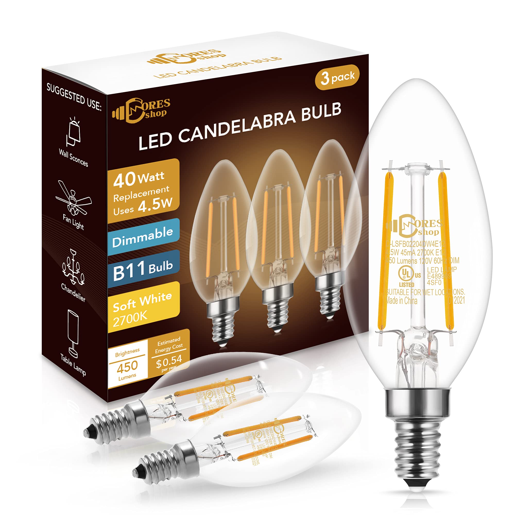 DORESshop Dimmable E12 Candelabra LED Bulbs 40 Watt Equivalent, 2700K Warm White, 4.5W Clear Filament LED Chandelier Light Bulbs, 450lm, B11 Vintage Ceiling Fan Light Bulb with Flame Tip, 3-Pack