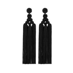 bohemian layered handwoven long fringe tassel dangle earrings for women boho colorful tiered thread beads big large statement drop earrings ethnic holiday jewelry-b black