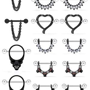 Kadogohno Black Nipple Rings for Women Nipple Piercing Jewelry 14G Nipple Rings Surgical Steel Screw Dangle Nipplerings Nipple Shield Ring Barbell Body Piercing Jewelry Set 5/8 Inch 16mm 7 Pairs