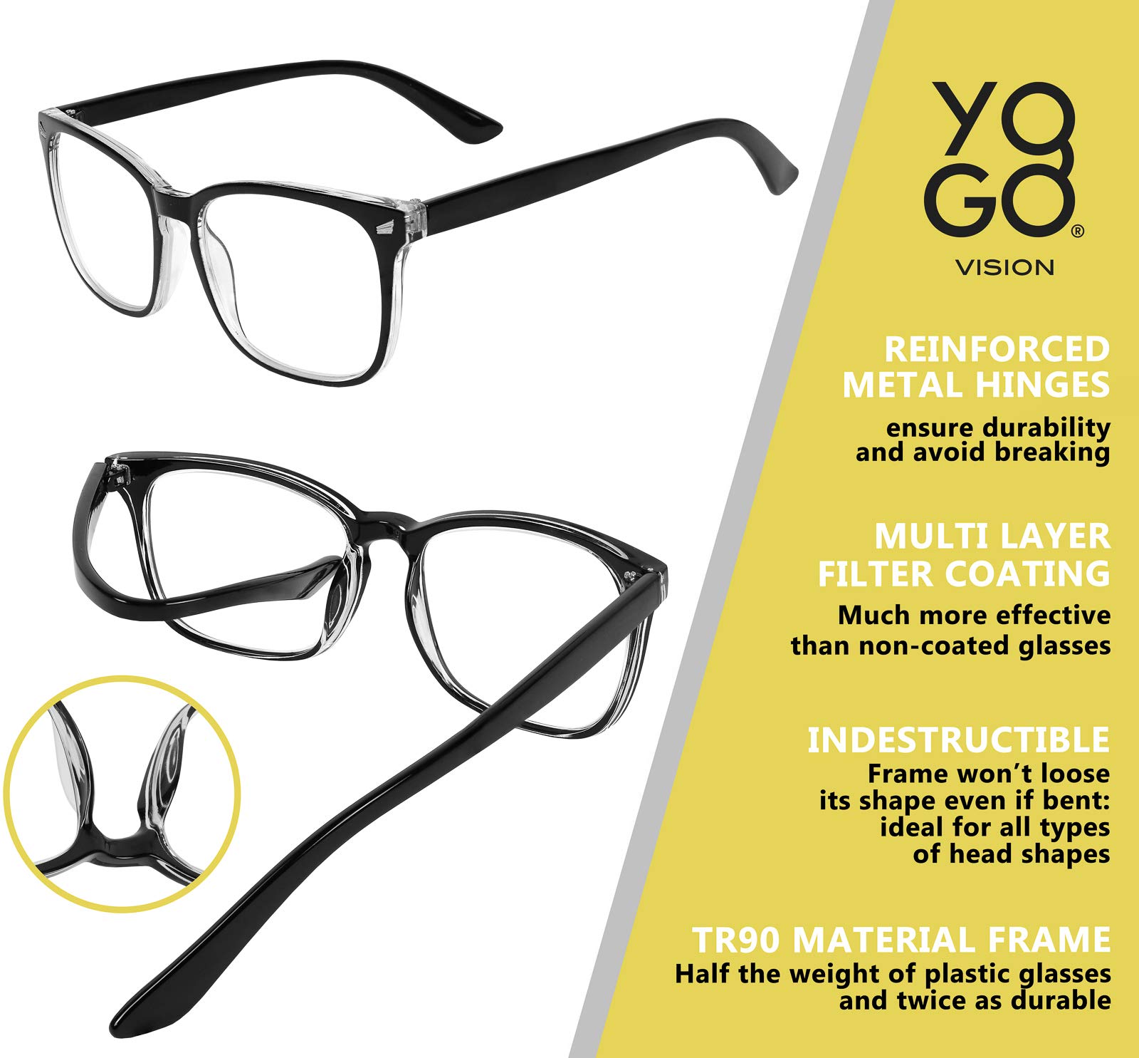 Yogo Vision Blue Light Blocking Computer Glasses Anti Glare Reduce Eyestrain Eyeglasses for Computers Screens for Men and Women (5 pack)