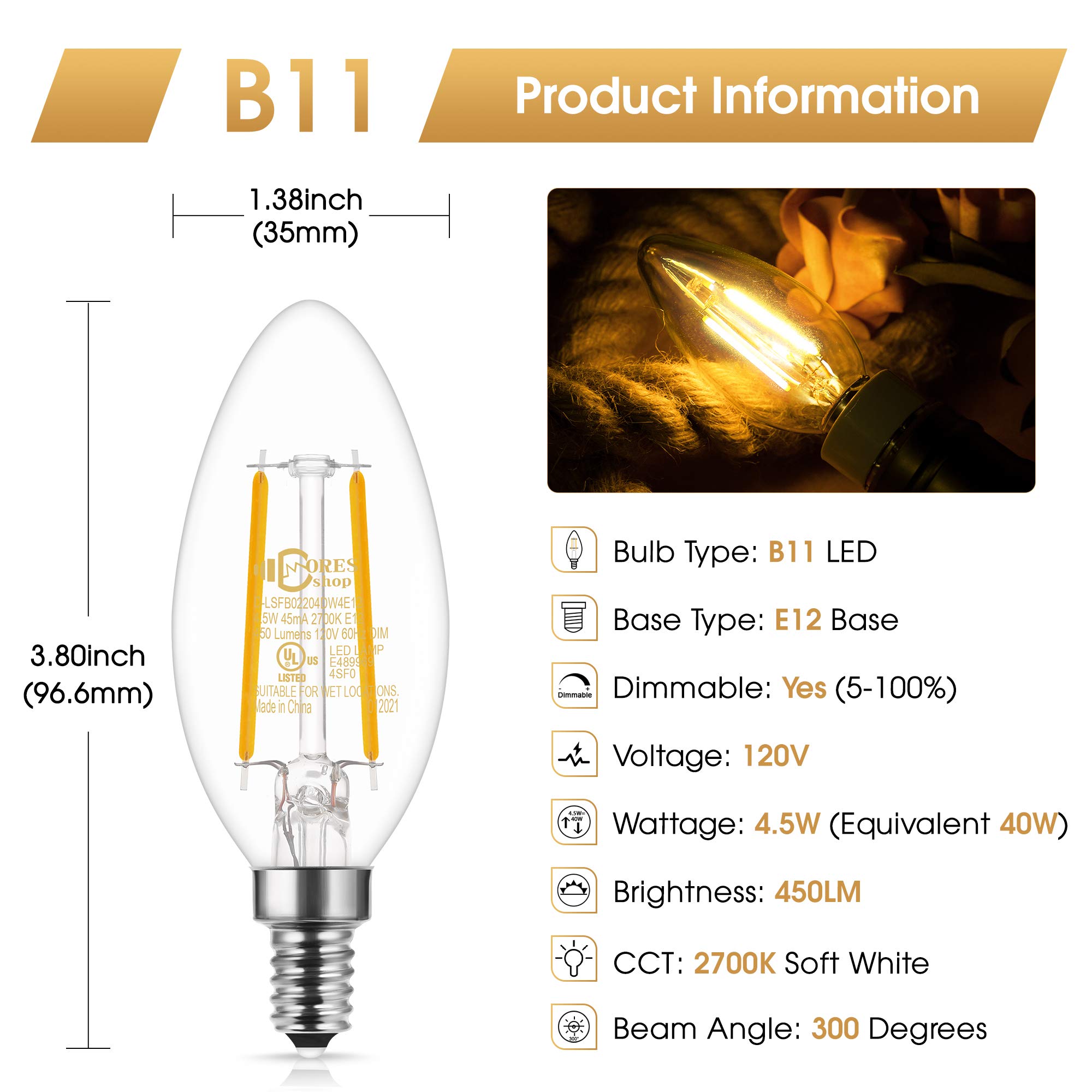 DORESshop Dimmable E12 Candelabra LED Bulbs 40 Watt Equivalent, 2700K Warm White, 4.5W Clear Filament LED Chandelier Light Bulbs, 450lm, B11 Vintage Ceiling Fan Light Bulb with Flame Tip, 3-Pack