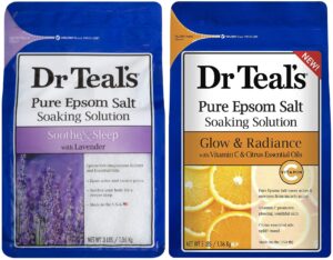 dr. teal's pure epsom salt bath soaking solution gift set - (2 bags, 6 lbs total) - soothe & sleep lavender and glow & radiance with vitamin c & citrus essential oils - treat sore muscles at home