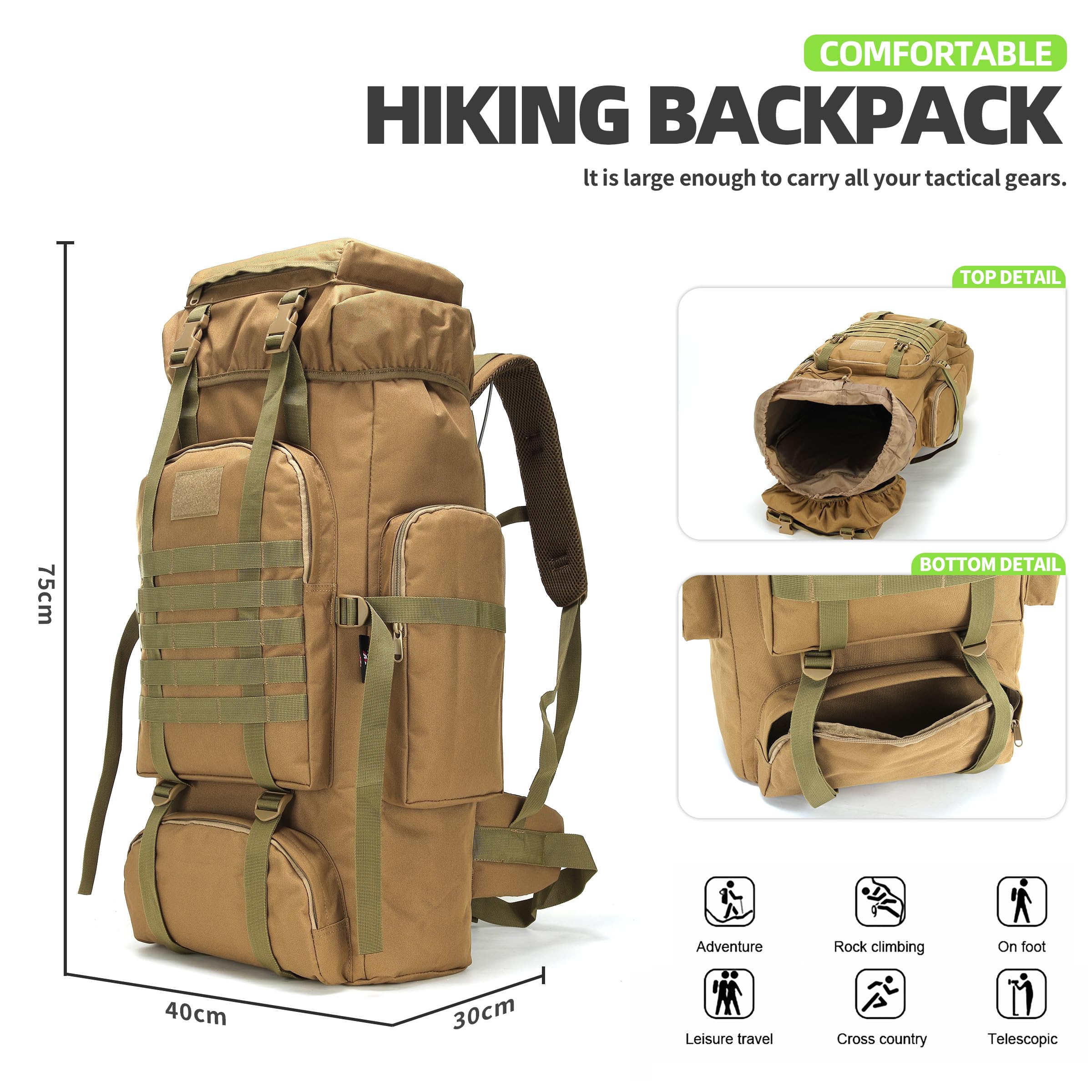 King'sGuard 70L Camping Hiking Backpack Tactical Backpack Military Molle Rucksack Backpack for Outdoor