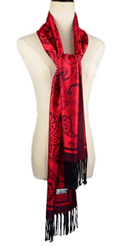 Iristide Women's Pashmina Shawl Paisley Pattern Scarf Tassels Wrap Colorful Ethnic (2005-Red &Black)