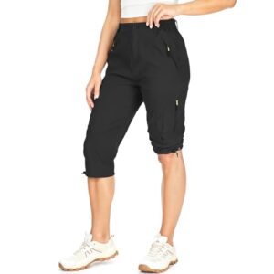 linlon Women's Quick Dry Cargo Shorts,Outdoor Casual Straight Leg Capri Long Shorts for Hiking Camping Travel (Black, 12)