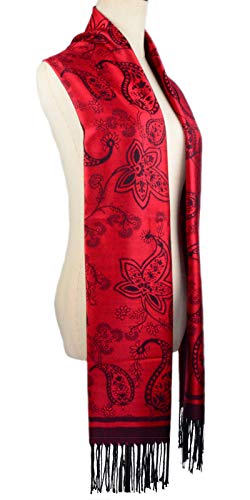 Iristide Women's Pashmina Shawl Paisley Pattern Scarf Tassels Wrap Colorful Ethnic (2005-Red &Black)