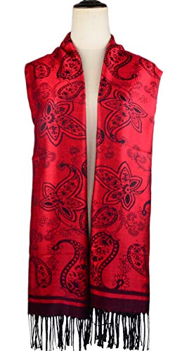 Iristide Women's Pashmina Shawl Paisley Pattern Scarf Tassels Wrap Colorful Ethnic (2005-Red &Black)