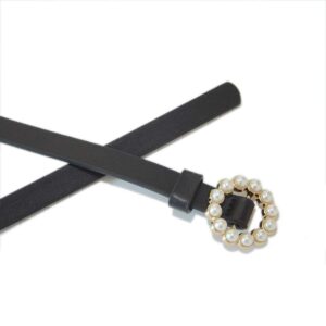 Women's Faux Leather Pearl Round Buckle Slim Waist Belt (Black)