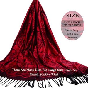 Iristide Women's Pashmina Shawl Paisley Pattern Scarf Tassels Wrap Colorful Ethnic (2005-Red &Black)