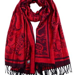 Iristide Women's Pashmina Shawl Paisley Pattern Scarf Tassels Wrap Colorful Ethnic (2005-Red &Black)