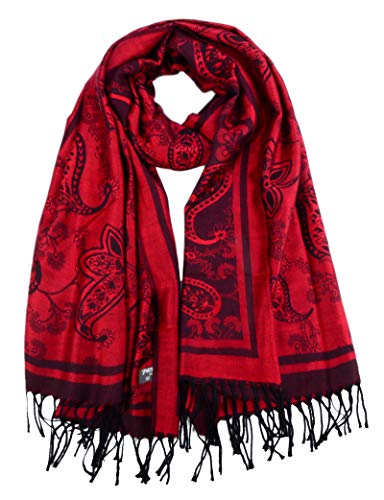 Iristide Women's Pashmina Shawl Paisley Pattern Scarf Tassels Wrap Colorful Ethnic (2005-Red &Black)