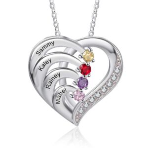 925 sterling silver mother necklace with 3-4 simulated birthstones personalized women's promise necklace engraved names family anniversary jewelry for grandma (4 stones)