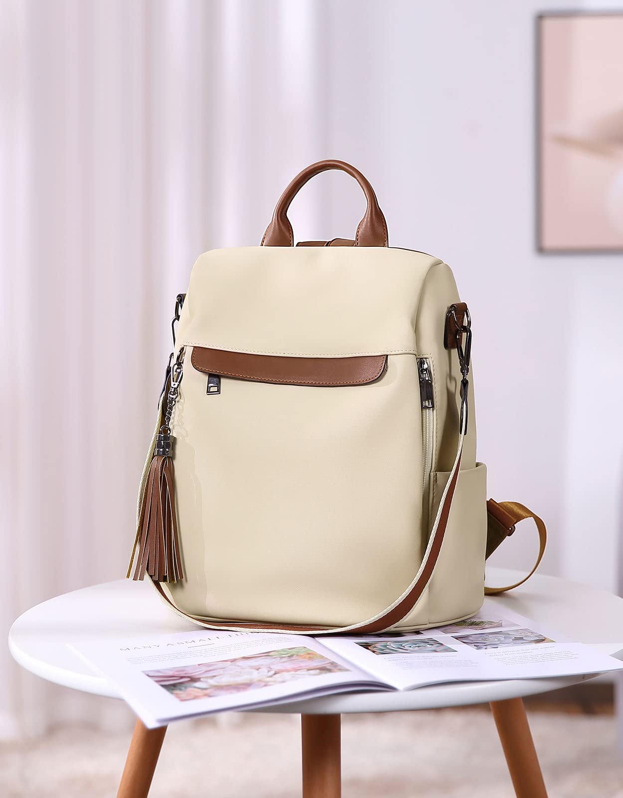 Telena Backpack Purse for Women, PU Leather Anti Theft Travel Backpack Purse Shoulder Bags with Tassel Contrast Creamy White