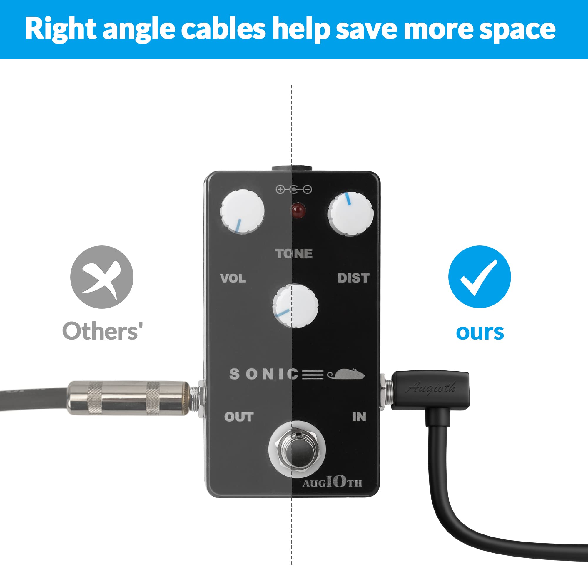 Augioth 6 Inch 6 Pack 15 cm Guitar Patch Cable 0.5 Ft 1/4 Right Angled TS Effect Pedal Cord