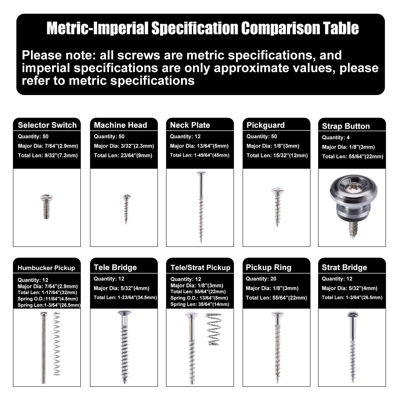 Vencetmat Guitar Screws Kit, Guitar Hardware Luthier Parts-kit for Tele/Strat/SQ,Switch,Tuner,Machine Head, Neck Plate,Pickguard,Guitar Strap End Pins,Pickup,Bridge,Guitar DIY Kit(Metric, Chrome)