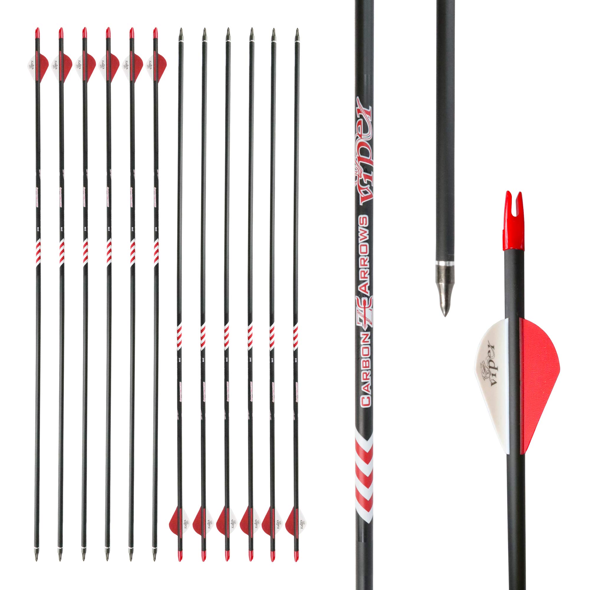 Hunting Archery Carbon Arrow 400 Spine with 2.5″ Vanes Removable Tips for Compound Bow &Recurve Bow (30 Inch)