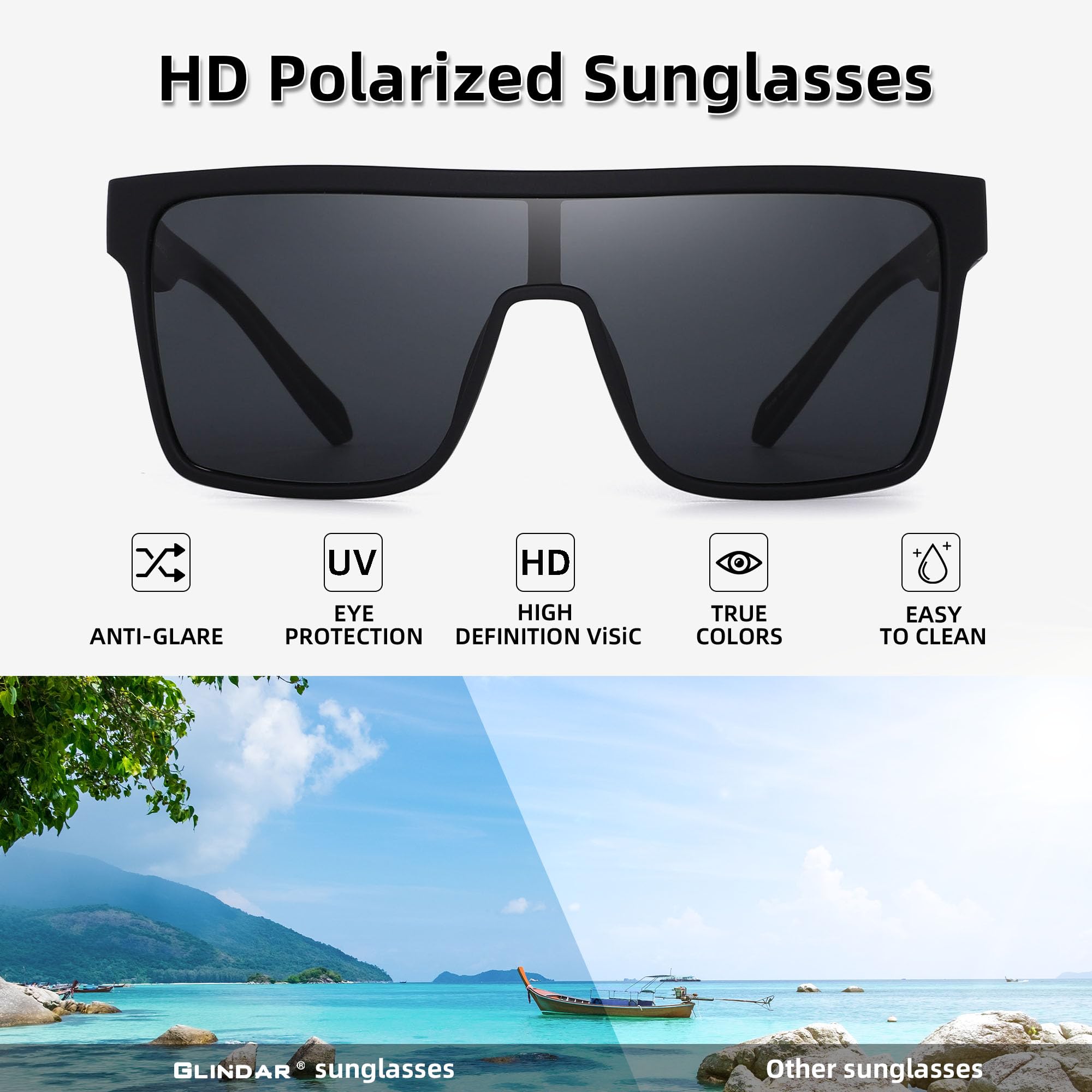 GLINDAR Polarized Shield Sunglasses for Men Square Flat Top Sports Glasses Black Frame/Grey Lens