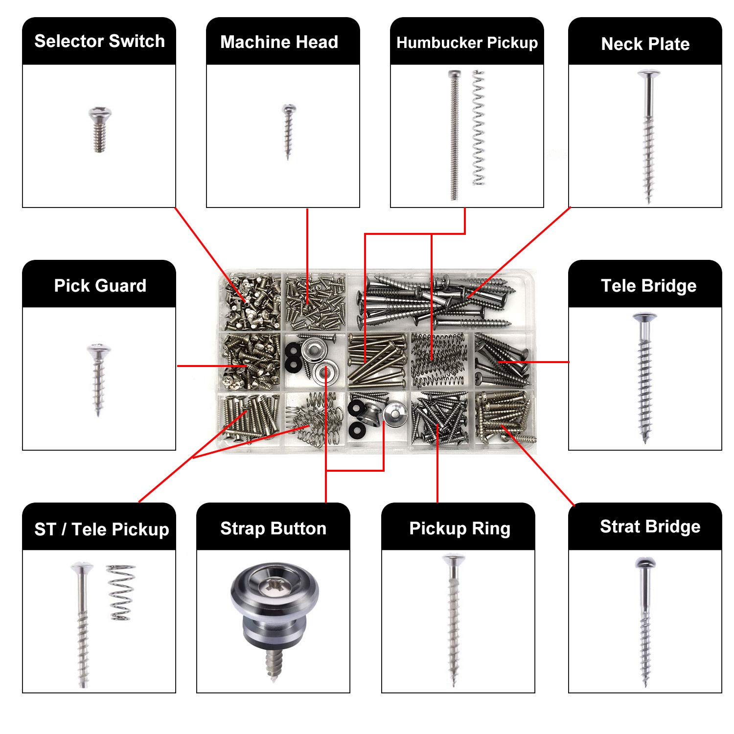 Vencetmat Guitar Screws Kit, Guitar Hardware Luthier Parts-kit for Tele/Strat/SQ,Switch,Tuner,Machine Head, Neck Plate,Pickguard,Guitar Strap End Pins,Pickup,Bridge,Guitar DIY Kit(Metric, Chrome)