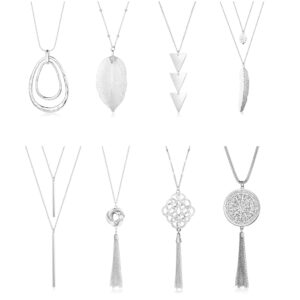 YADOCA 8 Pcs Long Pendant Necklaces for Women Y-Shaped Statement Sweater Necklace Simple Bar Leaf Circle Tassel Necklace Set Silver