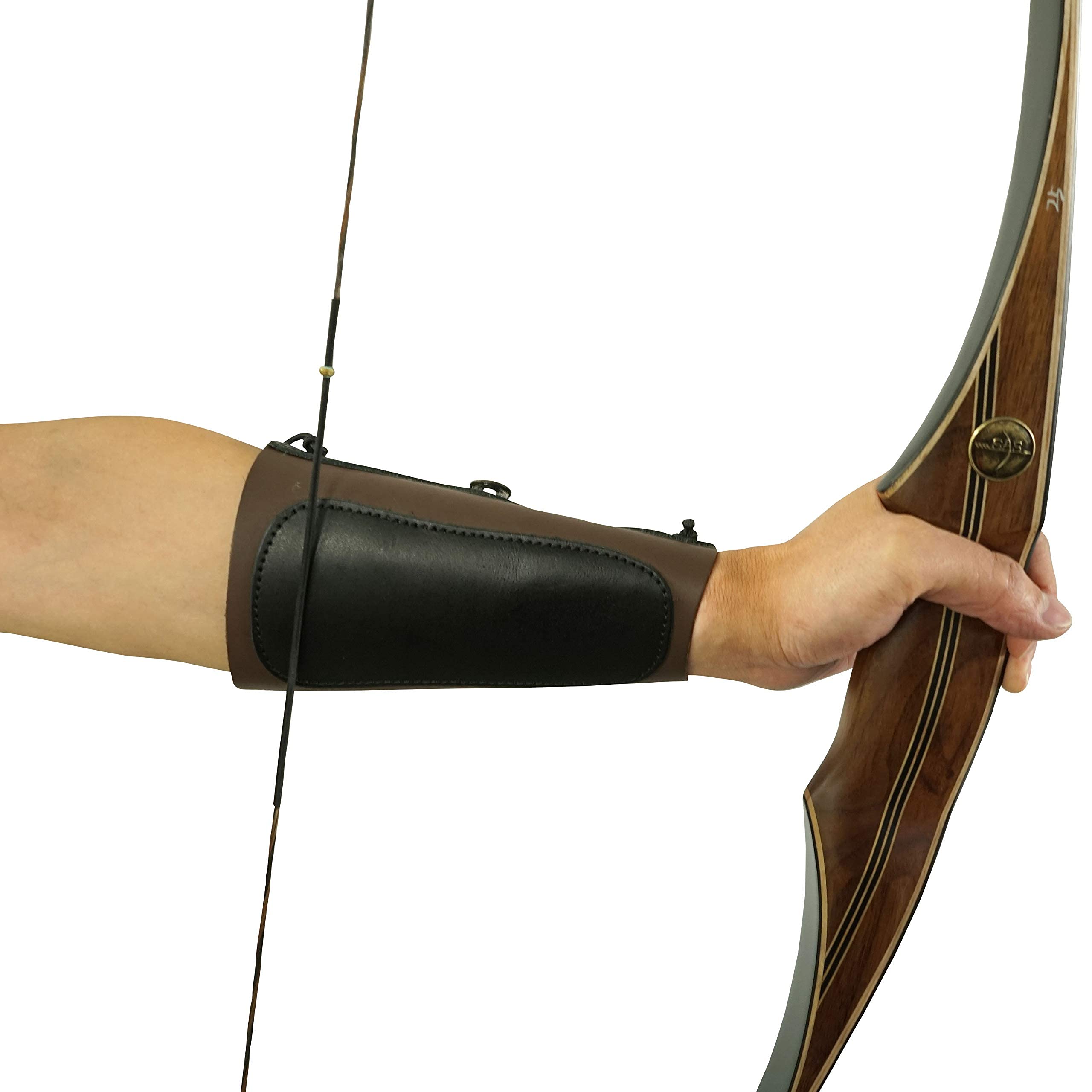 SAS Leather Traditional Arm Guard with Stretch Cord and Button Hook Armguard for Archery Bow Range Longbow Recurve Bow (Medium-6.25"x5.5")