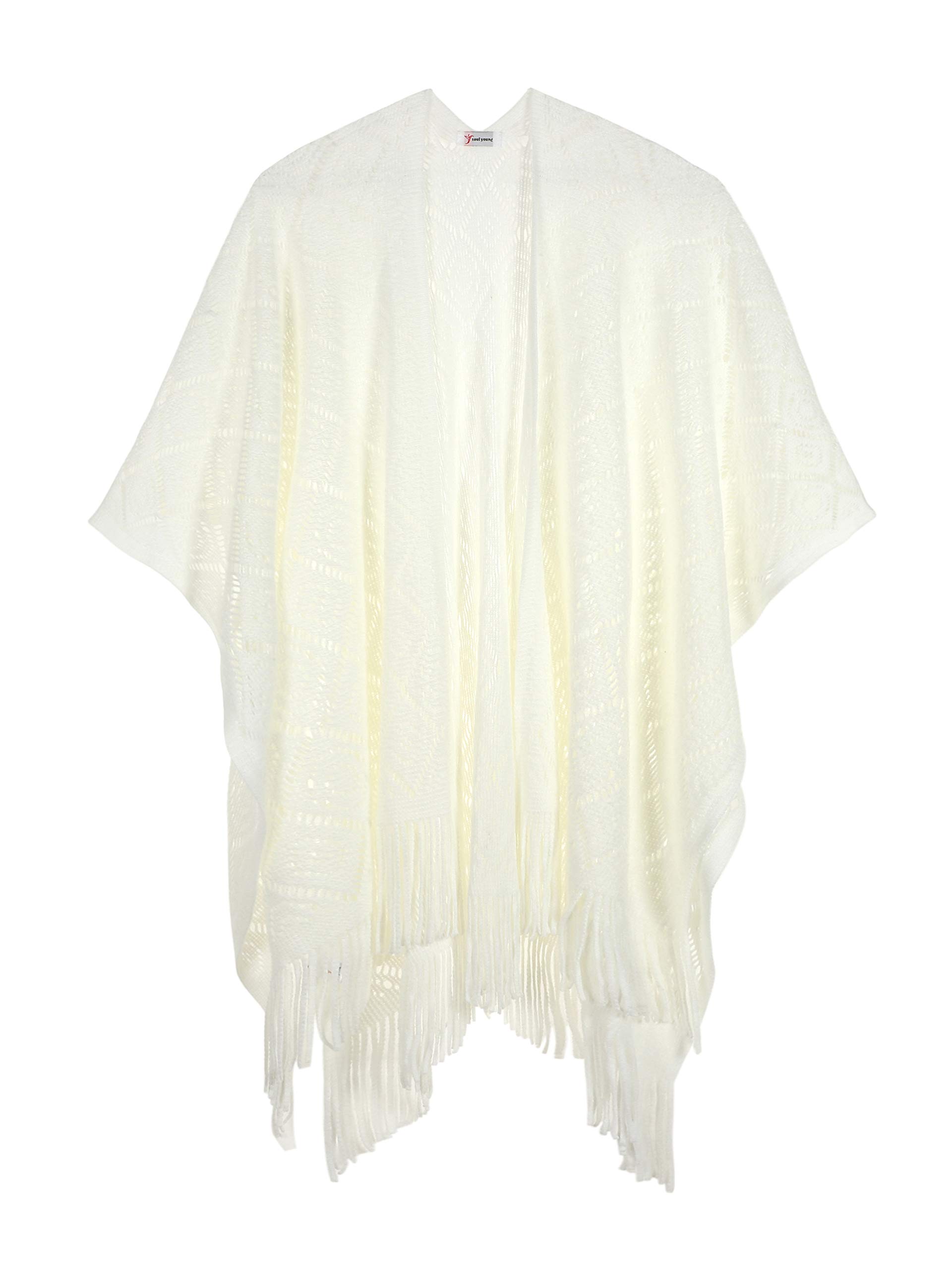 Knit Shawl Wrap for Women - Soul Young Ladies Fringe Knitted Poncho Cardigan Cape(One Size,Cream White Block)