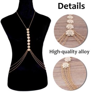 Bimkole 8-Ring Golden Body Chain Layered Sexy Gold Tassels, Fashion Bra Chains Summer Bikini Beach Body Jewelry Waist Belly Chain Harness Birthday Anniversary Festival Gift for Women and Girls