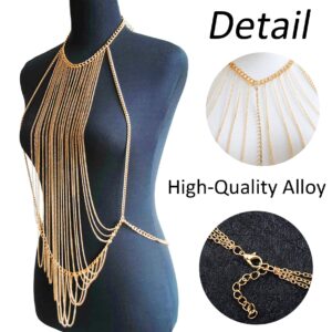 Golden Body Chain Vertical Layered Sexy Gold Tassels, Diamond Necklace Fashion Jewelry Belly Chest Bra Hot Bikini Beach Club Party Harness Birthday Anniversary Holiday Gifts for Women Ladies Girl