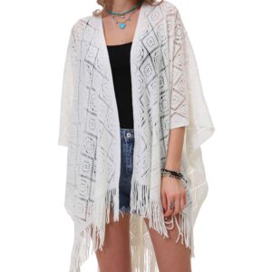 Knit Shawl Wrap for Women - Soul Young Ladies Fringe Knitted Poncho Cardigan Cape(One Size,Cream White Block)