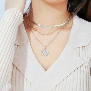 Hidepoo Gold Coin Pendant Necklaces for Women, 14K Gold Plated Dainty Coin Pedant Medallion Necklace Snake Chain Choker Necklace Gold Coin Necklaces for Women