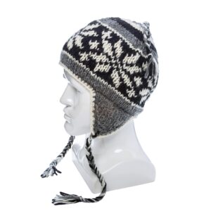 Hand Knit Sherpa Wool Unisex Hat with Micro Fleece Lining with Snowflake Pattern - Ear Flaps - Toque - Beanie (Black, White, Gray)