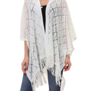 Knit Shawl Wrap for Women - Soul Young Ladies Fringe Knitted Poncho Cardigan Cape(One Size,Cream White Block)