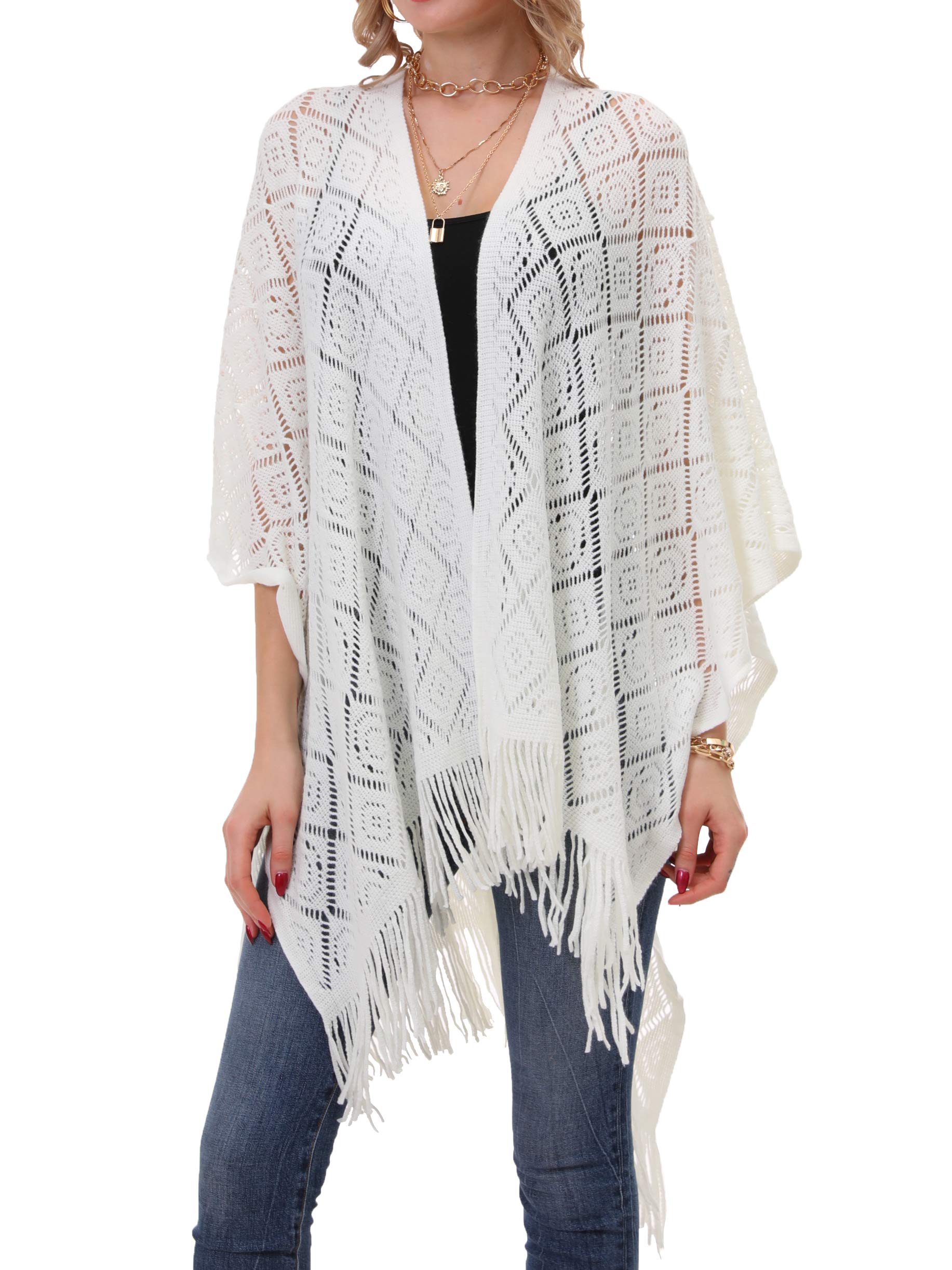 Knit Shawl Wrap for Women - Soul Young Ladies Fringe Knitted Poncho Cardigan Cape(One Size,Cream White Block)