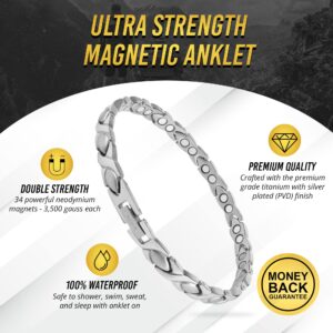 MagnetRX® Womens Magnetic Ankle Bracelet – Ultra Strength Magnetic Anklets with 34 Magnets – Titanium Magnetic Ankle Bracelets for Women (Silver)