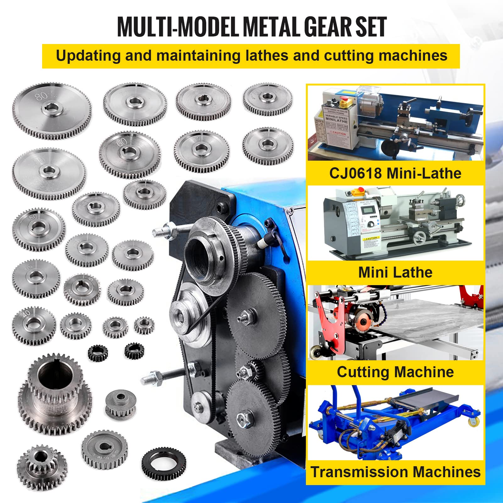 VEVOR 27PCS Metal Lathe Gears, Precise Mini Lathe Replacement Gears including Box Gear Set, Slotless Gears, Metal Motor Gears, Variable Gears, Belt Gear for CJ0618 Mini Lathes & Milling Machines