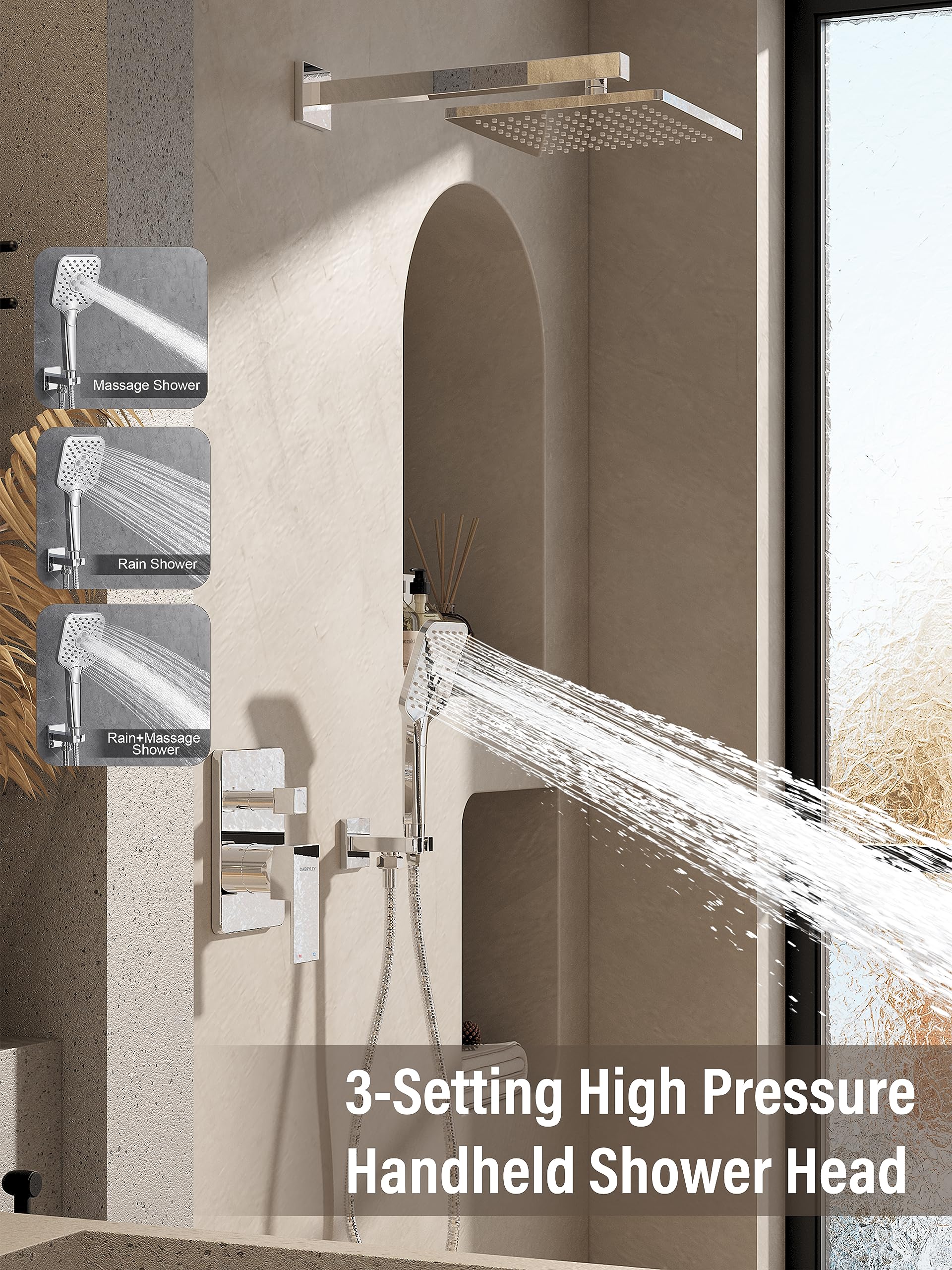 Gabrylly Shower System, Shower Faucets Sets Complete for Bathroom with High Pressure 10" Rain Shower and Handheld Shower, 2 Way Shower Valve Kit, Chrome