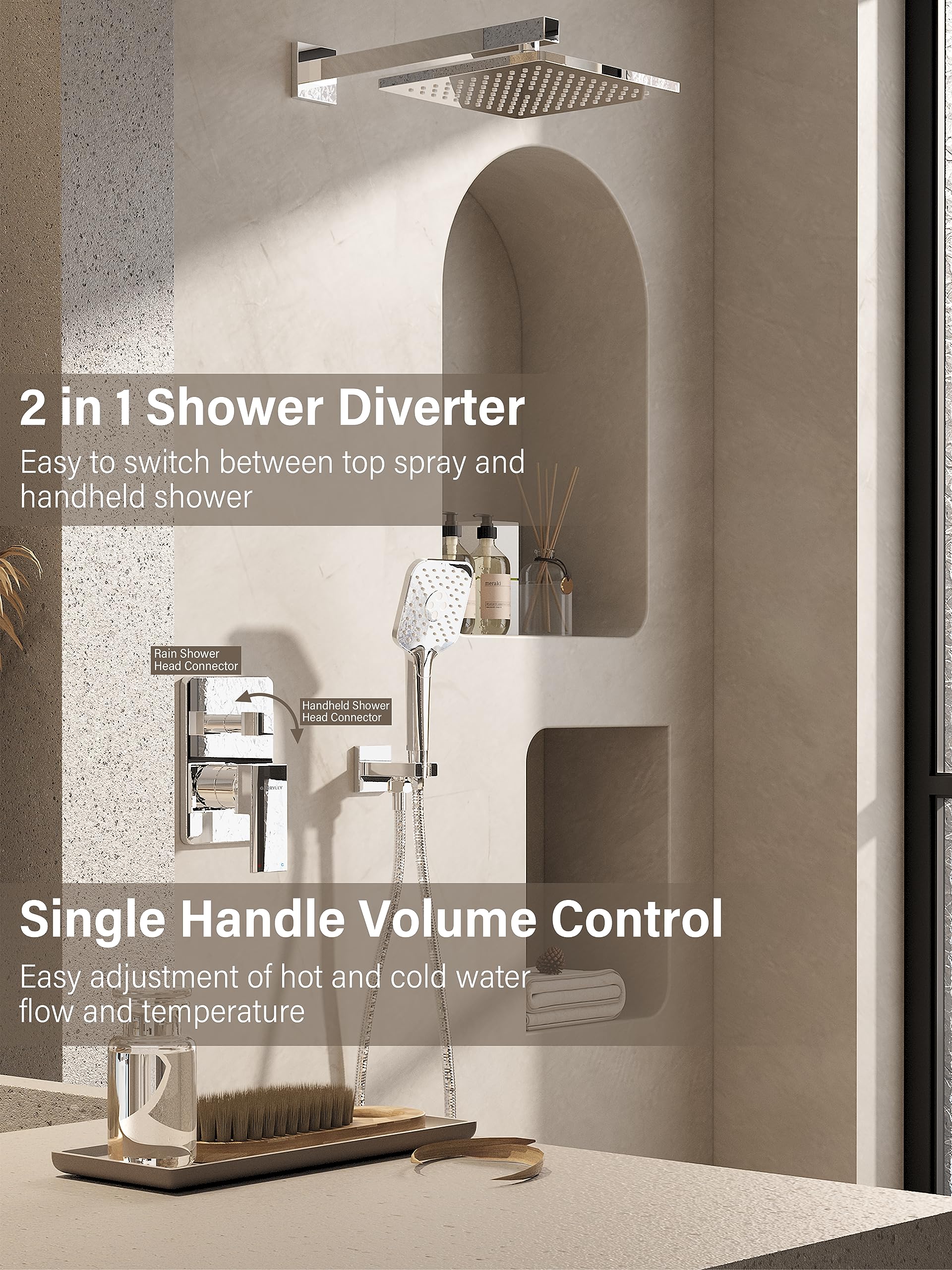 Gabrylly Shower System, Shower Faucets Sets Complete for Bathroom with High Pressure 10" Rain Shower and Handheld Shower, 2 Way Shower Valve Kit, Chrome