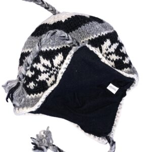 Hand Knit Sherpa Wool Unisex Hat with Micro Fleece Lining with Snowflake Pattern - Ear Flaps - Toque - Beanie (Black, White, Gray)