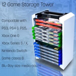 Game Storage Tower – Universal Video Game Storage – Stores 12 Game or Blu-Ray Disks – Game Holder Rack for PS4, PS5, Xbox One, Xbox Series X/S, Nintendo Switch Games and Blu-Ray Discs