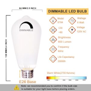 Vintage LED Bulbs ST64 6W Equivalent 60W, 2700K Warm White 800lm Dimmable Brightness LED Light Bulbs with E26 Base and Frosted Glass Cover, Pack of 3 (2700K, 6W)