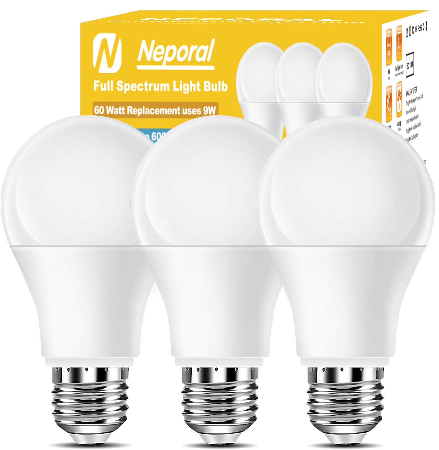 Full Spectrum Light Bulb, 6000K Natural Sunlight Bulbs, 9W 60W Equivalent LED Light Bulb, Natural Light Bulbs A19, E26/E27 LED Light Bulbs for Home, 3 Pack